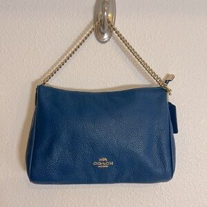 Coach Carrier Blue Pebbled Leather Mini Shoulder Bag With Luxe Gold Chain Strap